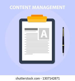 The tablet with the text and the handle on the right is depicted on a blue background. Top text is written. Content management.