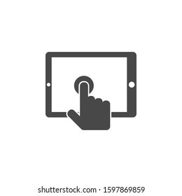 The tablet that the hand presses. Simple vector icon. Consumer goods. Home appliances. Commodities.