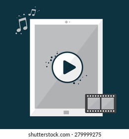 Tablet touch computer with video player on the screen. Streaming Video. Vector illustration in  flat style.