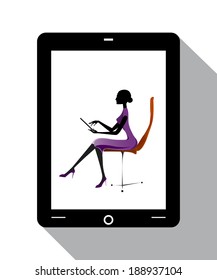 tablet touch pad girl pc surf internet silhouette vector version