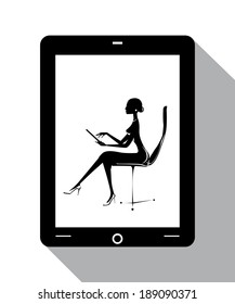 tablet touch pad girl pc surf internet silhouette vector version