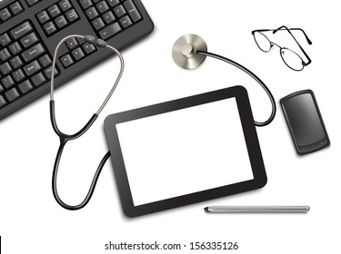 Tablet touch pad and office supplies on the table at the doctor. Vector illustration. 