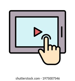 Tablet, touch, video, tap icon vector image. Can also be used for online education. Suitable for use on web apps, mobile apps and print media.