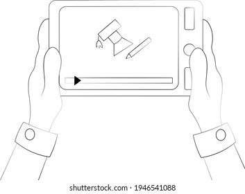 Tablet with a training video in your hands in black and white