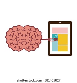 tablet and usb connected to brain vector illustration