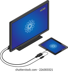 Tablet with a USB Mobile High-definition Link (MHL) adapter connected to an HDMI television.