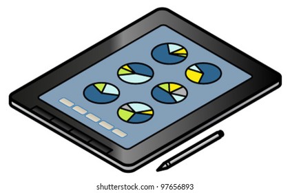 A tablet in use in business/finance. Screen shows pie charts.