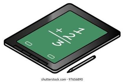 A tablet in use in education. Screen shows a maths problem.