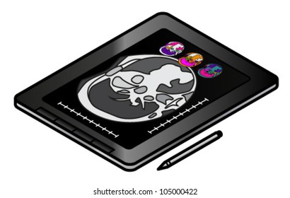 A tablet in use in medicine. Screen shows MRI images, some in false color.