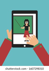 Tablet is used by caucasian student, pupil and person for studying and learning - Teacher is teaching through dispay and screen of modern electronic device. Vector illustration