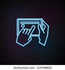 tablet user icon in neon style. One of Mobile banking collection icon can be used for UI, UX