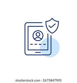 Página de logon do usuário do Tablet, blindagem e marca de seleção. Garantia de segurança cibernética, manipulação segura de dados, login autenticado, uso digital compatível. Pixel perfeito, ícone de vetor de traçado editável