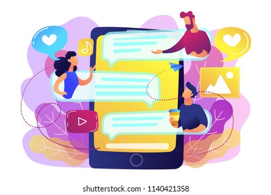 Tablet with users communicating and speech bubbles. Global internet communication, social media and network technology, chat, message and forum concept, violet palette. Vector isolated illustration.