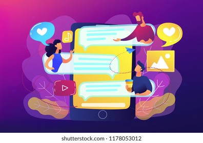 Tablet with users communicating and speech bubbles. Global internet communication, social media and network technology, chat, message and forum concept, violet palette. Vector illustration.