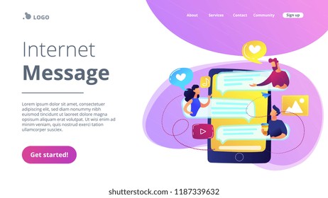 Tablet with users communicating and speech bubbles. Global internet communication, social media and network technology, chat, message and forum concept, violet palette. Website landing web page.