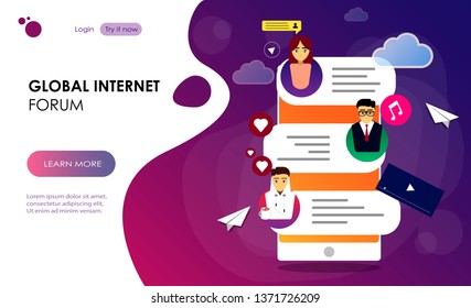 Tablet with users communicating and speech bubbles. Global internet communication, social media and network technology, chat, message and forum concept, violet palette. Website landing web page.