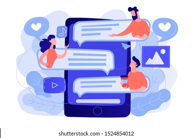 Tablet with users communicating and speech bubbles. Global internet communication, social media and network technology, chat, message and forum concept, violet palette. Vector isolated illustration.