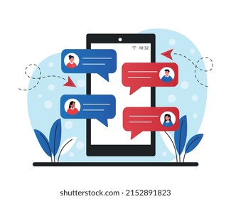 Tablet with users. Social networks and instant messengers, chats of friends. Chatting in Internet. Modern technologies and digital world. Smartphone application. Cartoon flat vector illustration