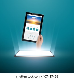 Tablet Vector Illustration with light and human hand coming out.