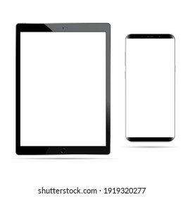 Tablet vector mockup black white screen isolated. Smartphone mockup, digital cell phone template on white background, realistic touch technology design. Electronic mobile device illustration