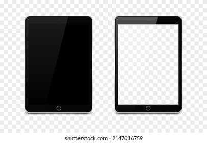 Tablet vector mockup. Mockup of tablet, e-book. Technological device. Tablet with blank screen. Blank black display. PNG.