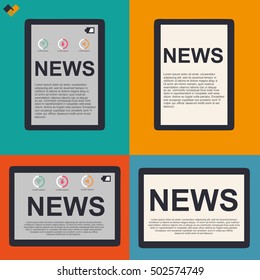 Tablet in vertical and horizontal position, blank and with news content, flat design, illustration
