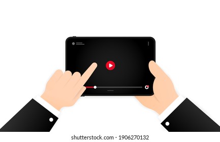 Tablet mit Video-Player auf dem Bildschirm. Mobile Streaming-Technologien. Gadget Elements für Website-Formen des Online-Videos auf dem Telefon. Vektorgrafik einzeln auf weißem Hintergrund. EPS10