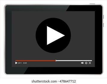 tablet with video player on screen. Vector illustration.