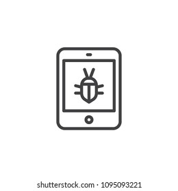 Tablet virus outline icon. linear style sign for mobile concept and web design. Infected tablet device simple line vector icon. Symbol, logo illustration. Pixel perfect vector graphics