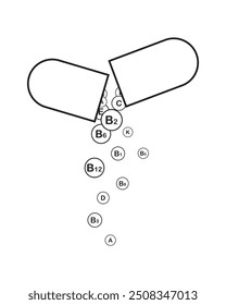 A tablet with a vitamin complex, a pill with balls of vitamins falling out of it, a contour illustration.