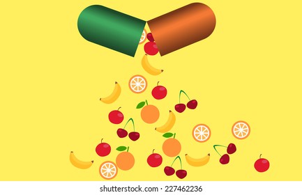 Tablet with vitamins. From the tablets fall fruits rich in vitamins. The concept of health.  