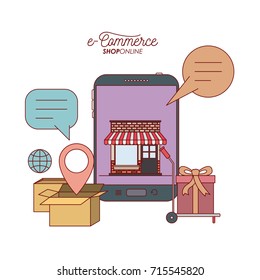 tablet with wallpaper inside of store house and freight cart with gift e-commerce shop online on white background vector illustration