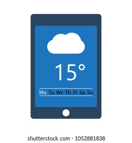 Tablet with weather application on screen display. Vector illustration.