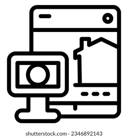 Tablet and webcam line icon, smart home symbol, remote security control technology vector sign on white background, video surveillance system outline style. Vector graphics.
