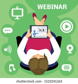 Tablet webinar concept banner. Flat illustration of tablet webinar vector concept banner for web design
