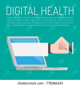 Tablet from which climbs a doctor's hand with a stethoscope. Vector illustration.