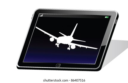 tablet with white airplane illustration on white background