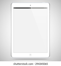 Tablet White Color With Blank Touch Screen And Flare Isolated On Grey Background. Realistic And Detailed Device Mockup. Stock Vector Illustration