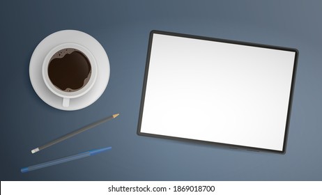 Eine Tablette mit weißem Bildschirm liegt auf dem Tisch. Tisch, Kaffeetasse, Draufsicht. Arbeitsplatz. Fertige Vorlage für Werbegestaltung. Realistische Vektorgrafik.