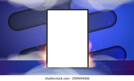 Tablet with white screen on fire and smoke. Hot sale, stock or promo concept. Ready advertising banner or poster. Realistic style. Vector illustration.