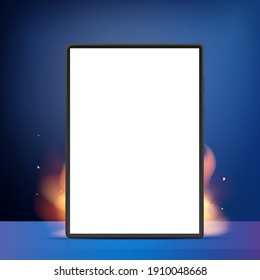 Comprimido con pantalla blanca encendida y humo. Venta en caliente, stock o concepto promocional. Cartel o afiche publicitario listo. Estilo realista. Vector 