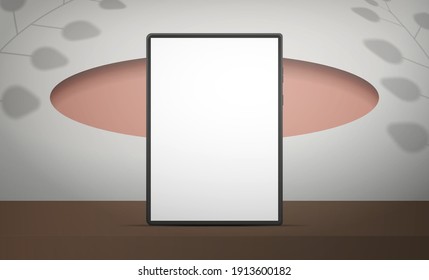 A tablet with a white screen stands on a wooden table. White room with stylish design. Ready banner for your advertisement. Vector illustration. Realistic style.
