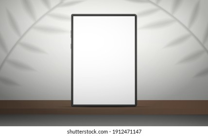 Comprimido con pantalla blanca. Estudio blanco con estante. Espacio de fondo de estudio con sombras de hojas. Vector. Estilo realista.