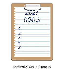 Tablet with a white sheet and 2021 Goals written. Planning, motivation for the new year 2021. Clipboard with clip. Business, plans, goals. Handwritten lettering. Vector illustration.