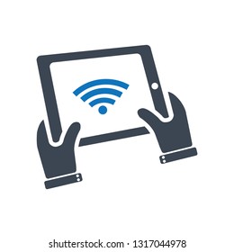 Tablet wifi connection, Hands hold and touch tablet PC on vhite background, Wireless. Professional, pixel perfect icon,