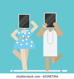 Tablet womans.Head device.Flat vector isolated