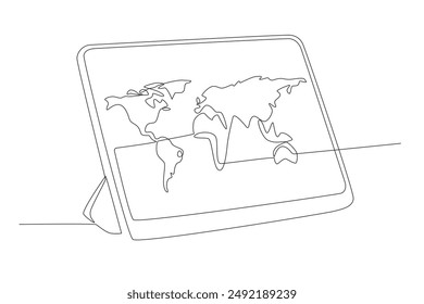 Tablet with world map. World map concept one-line drawing