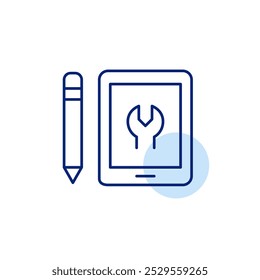 Tablette mit Schlüssel auf dem Bildschirm und Bleistift. Tablettenpflege. Systemanpassungen, Software-Updates und Reparaturen. Pixel perfektes Vektorsymbol