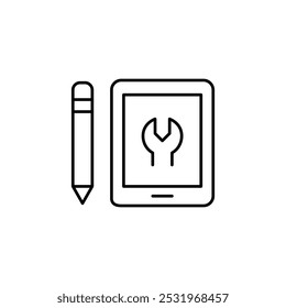 Tablet with wrench on screen and pencil. Tablet maintenance. System adjustments, software updates, and repairs. Pixel perfect, editable stroke icon