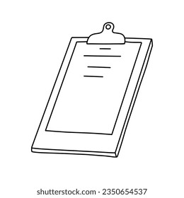 Tablet for writing on paper. Board with sheet of paper. Vector outline doodle sketch